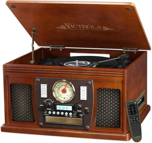 Victrola Navigator – Platine Vinyle Bluetooth 8-en-1 avec Haut-parleurs, CD, Cassette, Radio FM, USB, RCA, Casque, Streaming sans Fil – Bois véritable (Acajou)