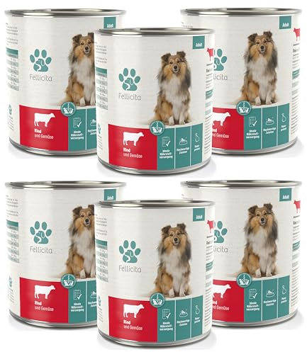 Fellicita Premium Nassfutter für Hunde - Rind & Gemüse - 6er Pack - 6 x 800g - Monoprotein, hochwertiges Hundenassfutter, getreidefrei, leckere Pastete, Alleinfuttermittel