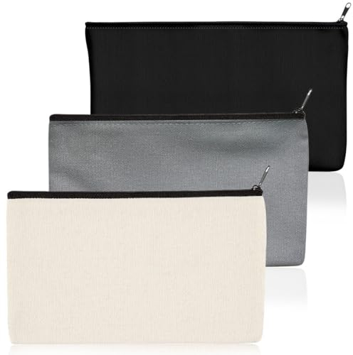 3 Stück Taschen aus Baumwoll-Leinwand mit Reißverschluss,Reise Kulturbeutel, Stoff Federmäppchen, Kosmetiktaschen mit Reißverschluss, 21 x 12 cm(Schwarz+Grau+Beige)