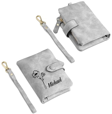 Glimmerday Damen Geldbörsen, Personalisierte Leder Geldbörsen für Frauen mit Abnehmbarem Armband, Weich und Bequem, Geschenk zum Muttertag (Grau)