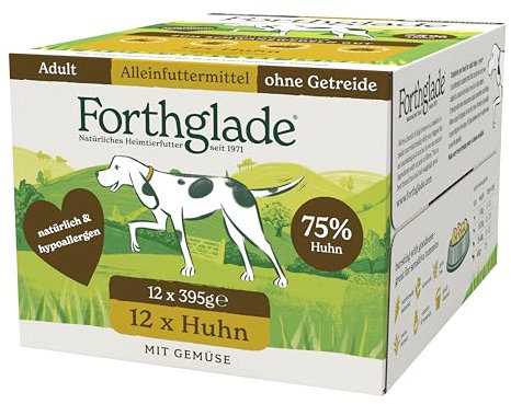 Forthglade Nassfutter für Hunde (12 x 395g Schalen) – getreidefreies Futter mit Huhn & Gemüse für ausgewachsene Hunde ab 1 Jahr, hypoallergenes Hundefutter für sensible Hundemägen