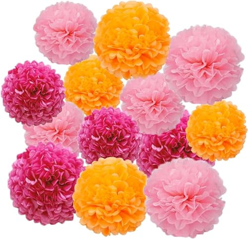 Pompons de Soie, 12 Pièces Fleur Pompon Rose Rouge Rose Orange, Boule en Papier pour Fête et Mariage
