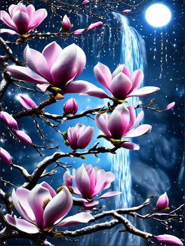 Gemartmall Diamond Painting Erwachsene Magnolie,Diamant Painting Bilder Erwachsene Blumen,Diy Landschaft Diamont Painting als Zuhause Wanddekoration und Geschenk(30x40 cm)