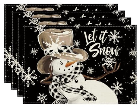 Artoid Mode Schwarz Schneemann Schneeflocke Lass Es Schneien Weihnachten Platzsets 4er Set, 30x45cm Urlaub Tischsets Platzdeckchen Küche Party Deko