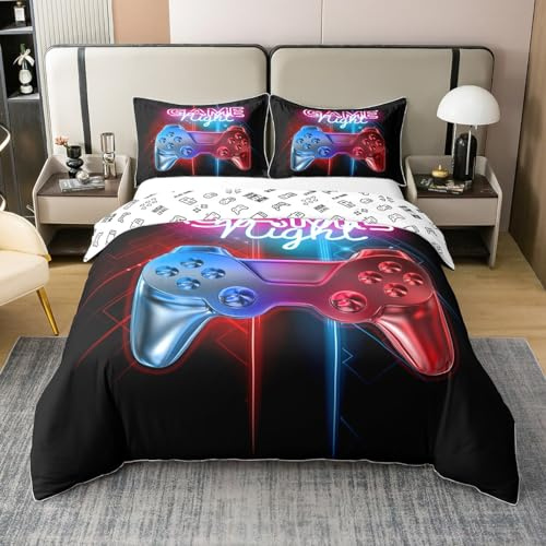 Loussiesd Spielthema Bettwäsche-Set Gamepad Bettbezug für Kinder Jungen Männer Modern Gamer Dekorative Bettwäsche Set 135x200cm 100% Baumwolle Videospiel-Controller-Aktionstasten Bunt drucken Coole