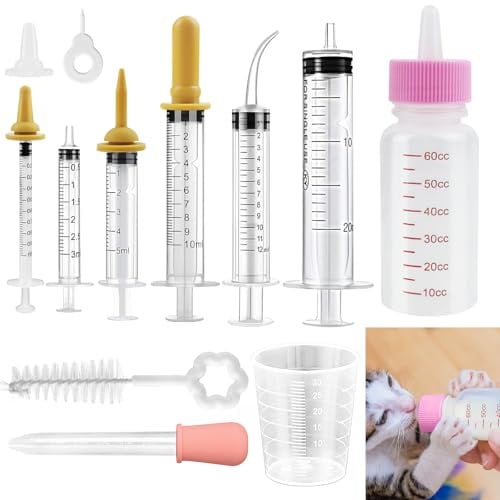 DONQL Puppy Nursing Bottle Kit, 60ML Kitten Feeding Bottle, 5 Pet Feeding Syringe with 3 Nipple, Pink Pet Medicine Feeder Syringe, Puppy Feeding Bottles for Newborn Kittens, Rabbits, Hamster, birds