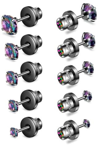 5 Pairs Stud Earrings Set,Hypoallergenic Earrings 316L Stainless Steel Double Round Cubic Zirconia Ear Ringing Jewelry for Women Men Boys & Girls 2-6mm Silver (Black Rainbow CZ 2-6mm))