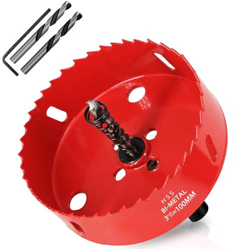 KACNON Seghe a Tazza Bi-Metallica 100 mm, M42 HSS Sega A Tazza Trapano, con Adattatore Esagonale e Punta di Centraggio, per Forare Plastica, PVC, Legno, Fibra di Legno, Metallo Dolce, Rosso