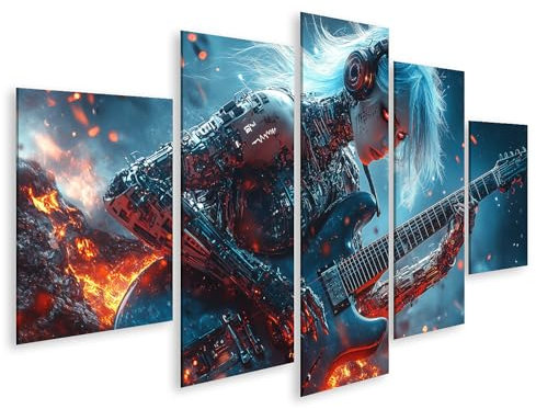 islandburner Bild auf Leinwand Cyborg Musikerin mit Gitarre im futuristischen Feuerregen Bilder Wandbilder Poster