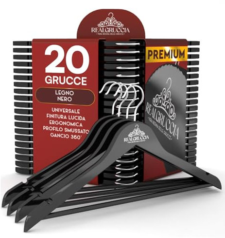 20 Perchas de Madera Negras para Ropa Camisas Chaquetas 22x45cm RealGruccia - Ranuras Antideslizantes para Hombros Barra para Pantalones y Gancho Giratorio 360° - Acabado Brillante y Perfil Biselado
