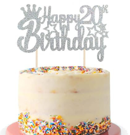 20th Birthday Cake Toppers, Happy 20th Birthday Cake Topper Glitter Star 20 Fabulous Cake Pick Birthday Sign Cake Decorations for Boys Girls 20 Years Old Birthday Party (Silver)
