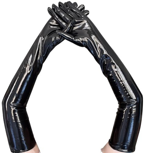 krautwear Damen Ellenbogenlange Glänzende Abendhandschuhe Handschuhe Lack und Leder Optik Pink Rot Schwarz (schwarz)