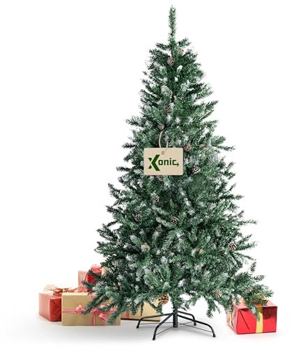Xonic® Claus künstlicher Weihnachtsbaum beschneit - 4 Größen: 120-210cm - Mit echten Zapfen - Schnee Weihnachtsbaum mit Metallständer - Schneebedeckter Tannenbaum (Kiefer, 180cm)