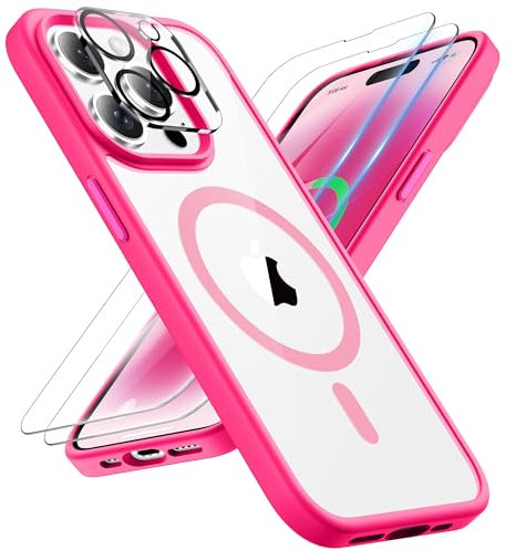 ORETECH Magnetic Clear for iPhone 14 Pro Max Case, [Compatible with Magsafe] [2 x Glass Screen Protector] [Camera Protector] Heavy Duty Ultra Slim Thin Shockproof Phone Case Cover 6.7 - Hot Pink