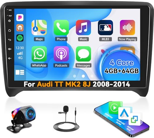4G+64G Android Car Stereo Radio for Audi TT MK2 8J 2008-2014 Wireless CarPlay Android Auto Mirror Link 9 Inch Touch Screen Bluetooth GPS Sat Nav FM RDS Backup Camera WiFi