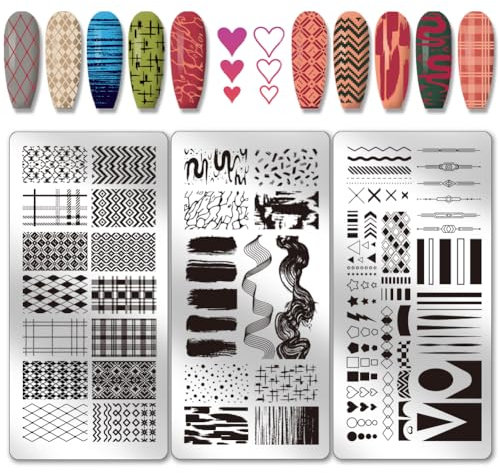 PH PandaHall 3pcs Grids Line Nail Stamping Plates Geometric Texture Nail Art Stencils Graffiti Stripe Manicure Art Templates Minimalist Nails Image Plates for Women Manicures DIY Design Print Supplies