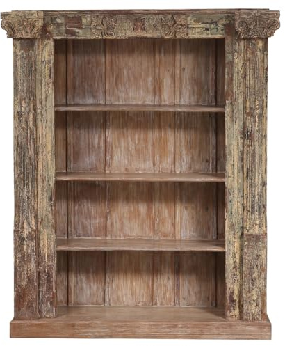 Handgeschnitztes Regal aus Teak Massivholz – 190 cm, Vintage Braun | Standregal für Wohnzimmer, Diele & Schlafzimmer | Offenes Bücherregal, Raumteiler & Wandregal ohne Bohren Muster -151-
