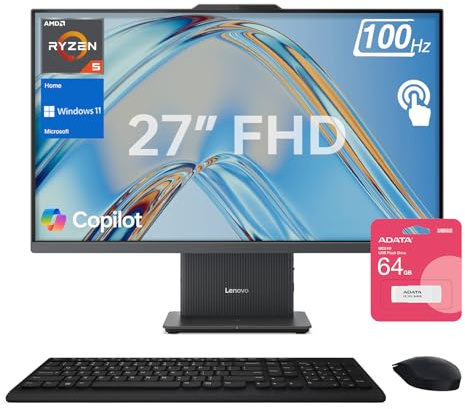 Lenovo 2025 IdeaCentre Business All-in-One, 27 FHD Touchscreen 100Hz, AMD Ryzen 5 7535HS, 32GB DDR5 RAM, 2TB SSD, Webcam, Wireless KB & Mouse, Windows 11 Home, Bundle with Adata 512GB External SSD