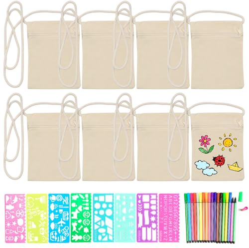 Scettar 8 Stück Stoffbeutel zum Bemalen, Beige Taschen zum Bemalen für Kinder, 17 X 13cm Baumwolltasche, mit 18 Buntstift und 8 DIY Malschablonen, für Schule, Party, Geschenk
