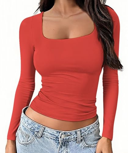 OYIGELZ Womens Long Sleeve Shirts Crop Tops Square Neck Basic Cotton Tees Fall Fashion 2026 Y2k Going Out Tops