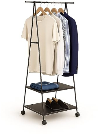 Porte-Manteau Relaxdays, avec roulettes et 2 étagères, H x L x P : 160 x 55 x 42 cm, métal, Tissu Non tissé, Noir