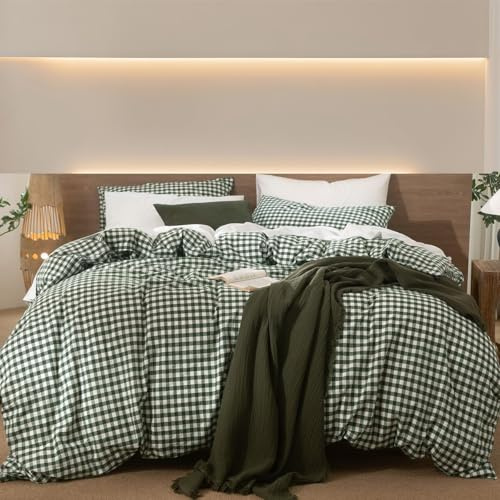 Lanqinglv Bettwäsche 200x220 Baumwolle Kariert Grün Weiß,Renforce Baumwolle Bettwäsche Set mit Reißverschluss,ÖKO-TEX Bettwäsche Gitter für Allergiker Geeignet,1 Bettbezug & 2 Kissenbezug 80x80 cm