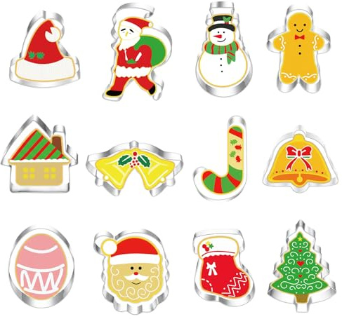 12PCS Christmas Cookie Cutters Set, Stainless Steel Biscuit Pastry Cutter Set,DIY Cookie Cutter with Christmas Tree,Gingerbread Man,Snowflake,Santa Claus and More Shapes for Party Baking Decorations