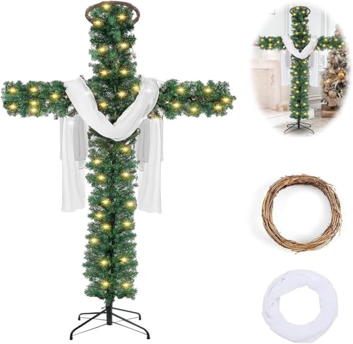 180cm Weihnachtskreuz-Weihnachtsbaum mit Lichtern – Vorgeleuchteter künstlicher schlanker Bleistift-Weihnachtsbaum mit Seidentuch und Christus-Krone