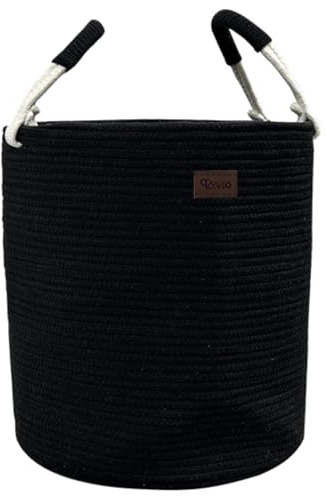 Wäschekorb aus Baumwolle 40 L Wäschesammler Aufbewahrungskorb, Baumwollseil mit Griff, Kordelzug, Wäschebehälter für Kleidung, Decken, Spielzeug - Schwarz
