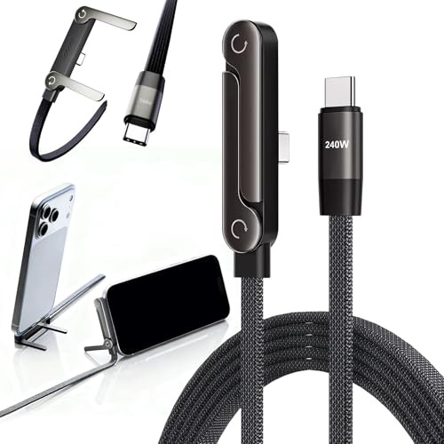 Flat Invisible Holder Charger Cable with Stand,240W Fast Charging USB C Cable 2-in-1 Sideways Data Cables with Bendphone Accessories,Braided Charger Cord for iPhone 17/16/15 Samsung S25 S24 Ultra 1.5m