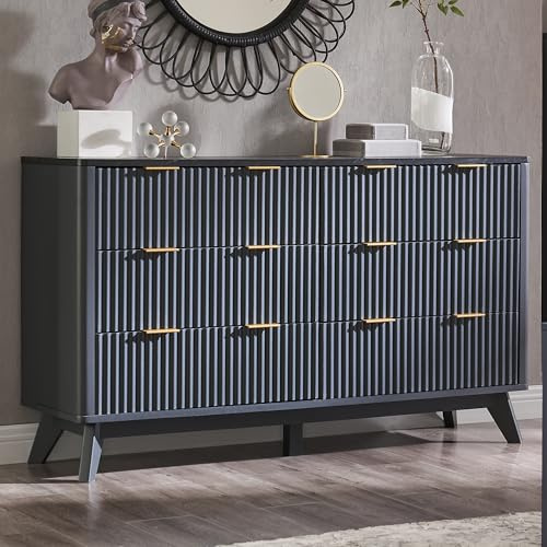 AetherWood Kommode mit 6 Schubladen, 137 cm Breit, Moderner Rillen-Schubladenschrank, Gewölbtes Design, mit Melaminplatte in Marmor-Optik, Sideboard für Schlafzimmer & Wohnzimmer, Dunkelgrau