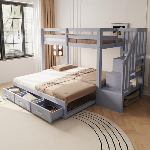 Ktipm Litera de 90x200 cm con Cama Nido para 2 Personas, Cama Litera Matrimonio con 3 Cajones y Escalera Almacenaje, Cama Infantil Literas con Barandilla Anticaída y Lamas Madera, Sin Colchón, Gris