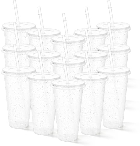 YKUKIZEE 15 Pack 710 ml Clear Plastic Cup with Lid and Straw Cold Tumbler | Reusable, 24 oz, Plastic Tumblers Bulk for Iced Smoothie, Juice, Travel, Party, Picnic
