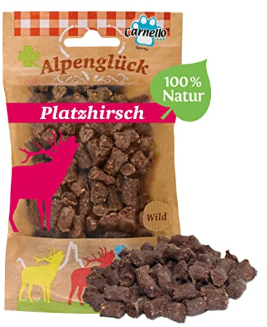 Carnello Hundesnack – Alpenglück Platzhirsch – Hundefutter trocken Getreidefrei, Hunde Leckerlis Getreidefrei – Hundeleckerli Getreidefrei - Wiederverschließbare Beutel (1 x 60g)