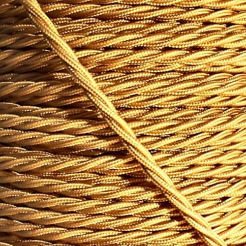 Art Deco Emporium PRE-CUT 1 Meter Length Vintage Styled British Gold Coloured Cloth Covered Braided Twist Flex - Electric Cable 3 Core; Electrical Wire 6Amp; Lighting Flex 0.75mm