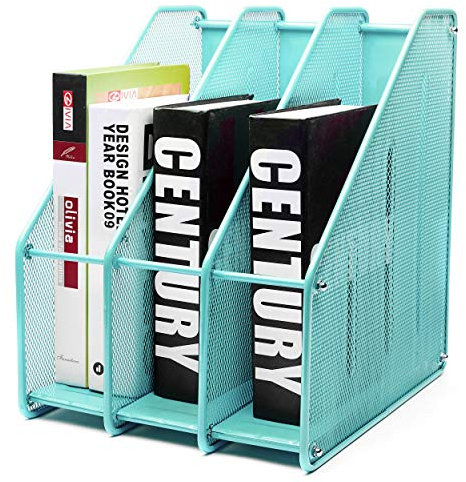 EXERZ Porte-revues de Bureau/Range-revues/Porte-Magazine en métal à Trois rangées/Boîte de Rangement en métal -3 Compartiments Cahiers/Dossier/Organisateur (Turquoise)