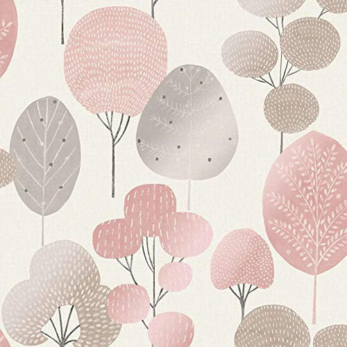 Scandi Forest Tree Metallic Wallpaper Woodland Leaf Pink Silver Shimmer from YöL