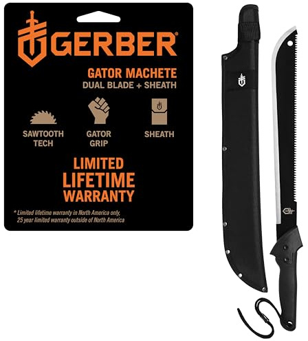 Gerber Gear Gator Machete 25 / 18 with Saw and Plain Edge Blade for Camping, Hunting, Gardening and Bushcraft, Includes a Gator Grip and Protective Sheath, Stainless Steel Blade