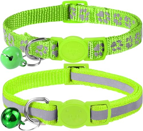 Taglory Reflektierend Katzenhalsband mit Sicherheitsverschluss und Glöckchen, 2-Stück Verstellbar Halsband Katze Kitten, 19-32cm Grün