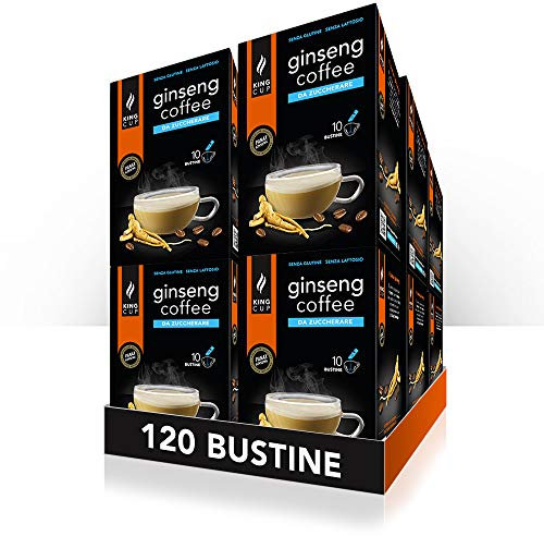 King Cup - 12 Paquets de 10 Sachets Solubles de Ginseng Sans Sucre, 120 Stick de 6 Gr pour Boisson Aromatisée Ginseng à Ajouter à 60 ml d'Eau Chaude, Sans Gluten et Sans Lactose