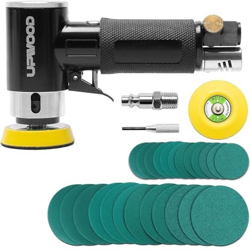 UPWOOD Mini Levigatrice Orbitale ad aria da 2 Pollici e 3 Pollici, Piccolo Kit di Levigatrici Orbitali Pneumatiche con Tamponi di Levigatura con Gancio e 24 Pezzi di Carta Abrasiva
