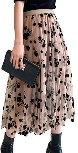 Loalirando Gonna Floreale 3D, Gonna Lunga da Donna Elegante Vita Alta Elastica Gonna in Tulle Casual Regalo S-XL (Marrone, Small)