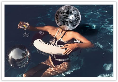Dcvjiy Trendige Discokugel-Wandkunst-Poster, Retro, adrett, ästhetisch, Leinwand, Wandkunst, lustig, cool, Sommer, Pool-Party, Drucke, Gemälde, flippig, mädchenhaft, Cocktail, blau, Wanddekoration,