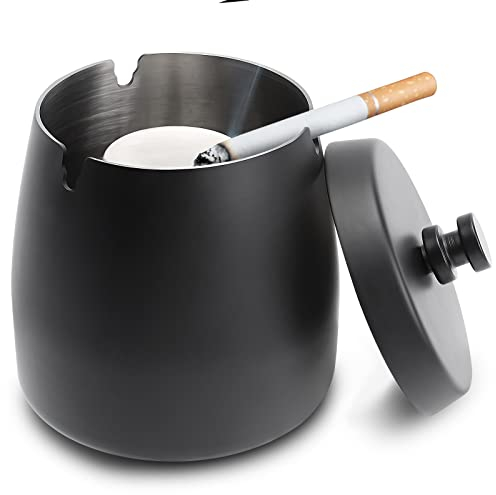 TOOSII Black Stainless Steel Ashtray with Lid - Windproof, Rainproof, Easy to Clean - Outdoor Table Ashtray for Home, Office, Garden, Bar