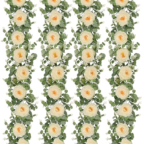 Dolicer Künstliche Eukalyptus-Girlanden mit Blumen, 7,8 m, 8 Kamelien, künstliche Blumengirlanden, künstliche Blumen, Reben für Hochzeit, Tafelaufsatz, Bogen, Party, Zeremonie, Hintergrunddekoration