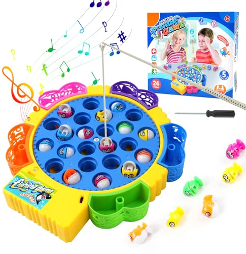 Vicloon Fishing Game for Kids, Electric Fishing Toys, Fish Game Toy with 24 Fish and 5 Fishing Rods Toy Musical Montessori Educational Learning Toys for Boys Girls Children Toddlers 3-7 Years Old