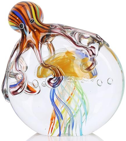 WUBIANJIE Mundgeblasene Glasstatuen mit Oktopus und Quallen, bunte Meerestier-Kunst-Skulpturen, Briefbeschwerer für Heimdekoration, Aquarien, Büroschreibtische, ideales Weihnachts- und