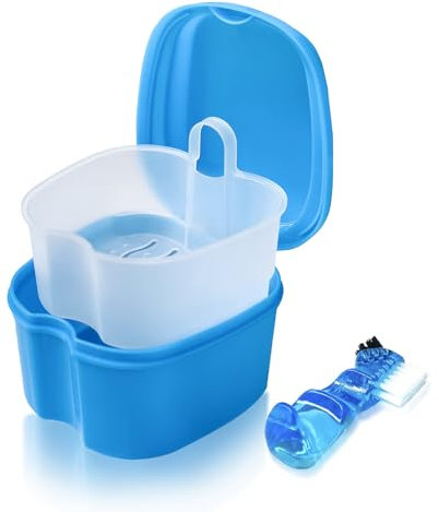YunSchauen Zahnspangendose Hygienischer Schutz für Prothesen,Prothesendose Gebissdose Zahnprothesen Box mit Prothesenbürste,Zahnschiene Box Hellblau