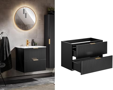 Impact Furniture Bathroom Vanity Unit Wall Hung Cabinet with Drawers Black Fluted Modern Wall Mounted 800mm Sink Unit with Soft Close Luxury Ribbed Fronts 80cm Floating Storage