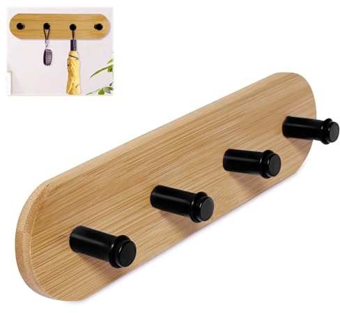 MXGHIR Kleiderhaken Wand, Garderobenleiste Selbstklebend Hakenleiste Holz Wandgarderobe Natur Bambus mit 4 Haken für Tür Eingang Küche Schlafzimmer, für Handtuch Taschen Schlüssel